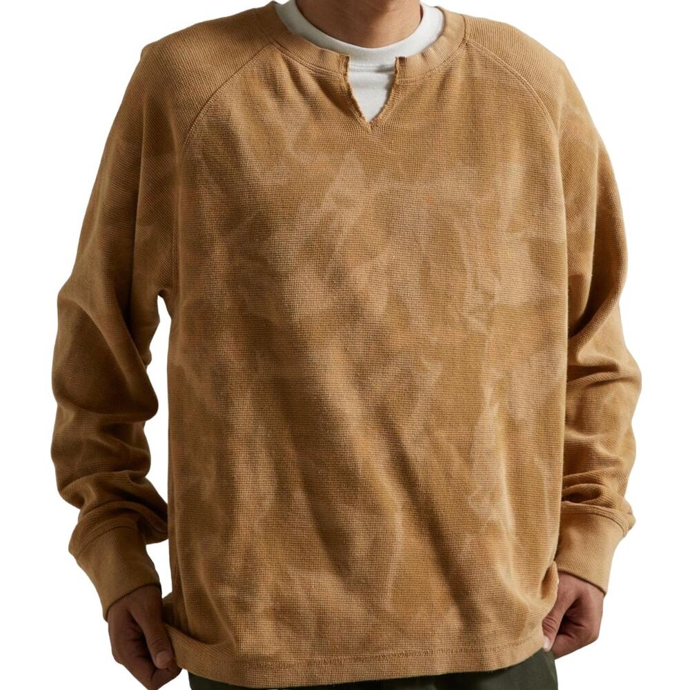 UO BDG Bleached Marble Thermal Long Sleeve Tee Tie Dye Waffle Split Neck Brass S